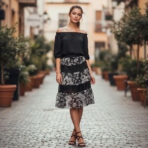 Misa Los Angeles Black & Gray Floral Midi Skirt